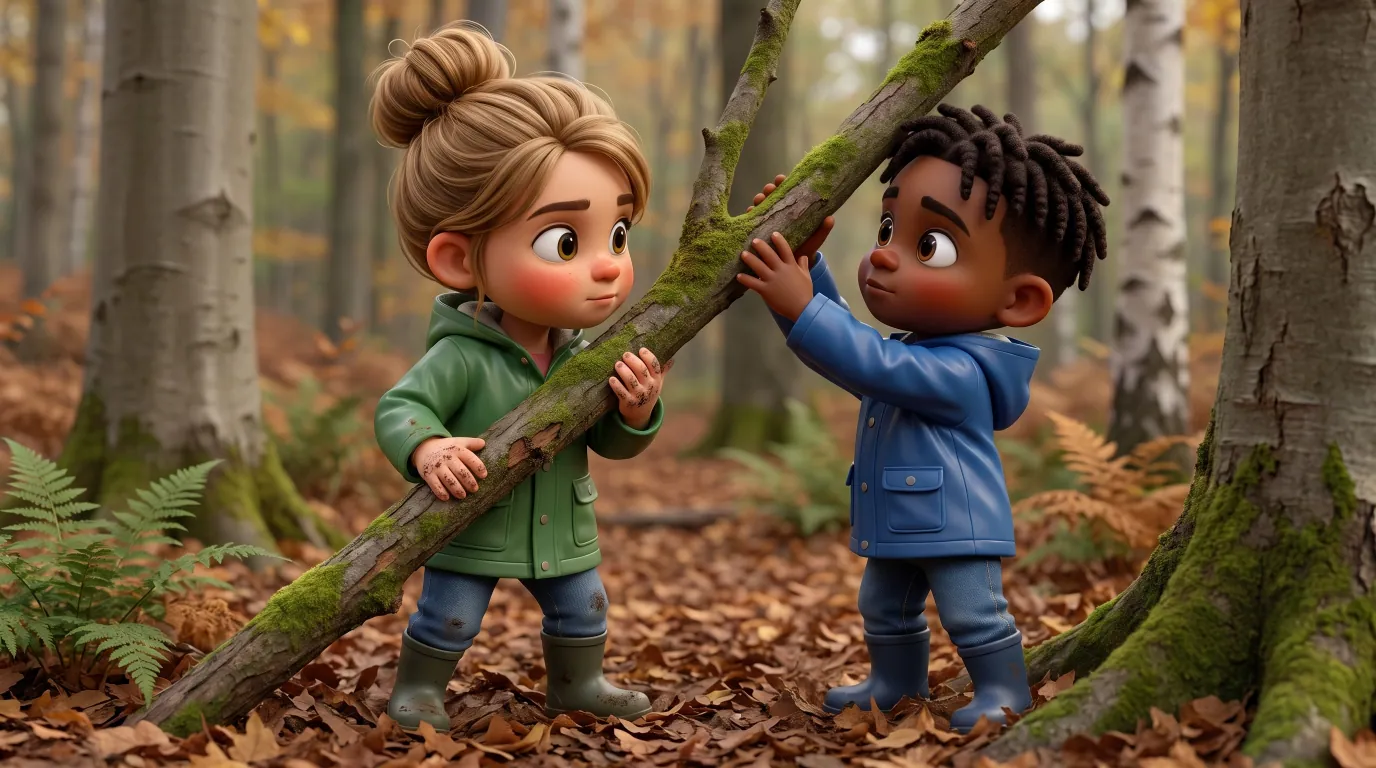 Twee kinderen zetten in het bos een dikke tak schuin tegen een boom als begin van een hut.
