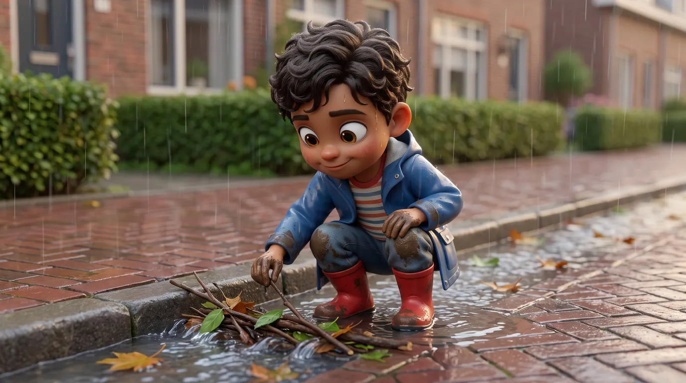 Een kind bouwt in de regen op de natte klinkers een dammetje van blad en takjes langs de stoeprand.